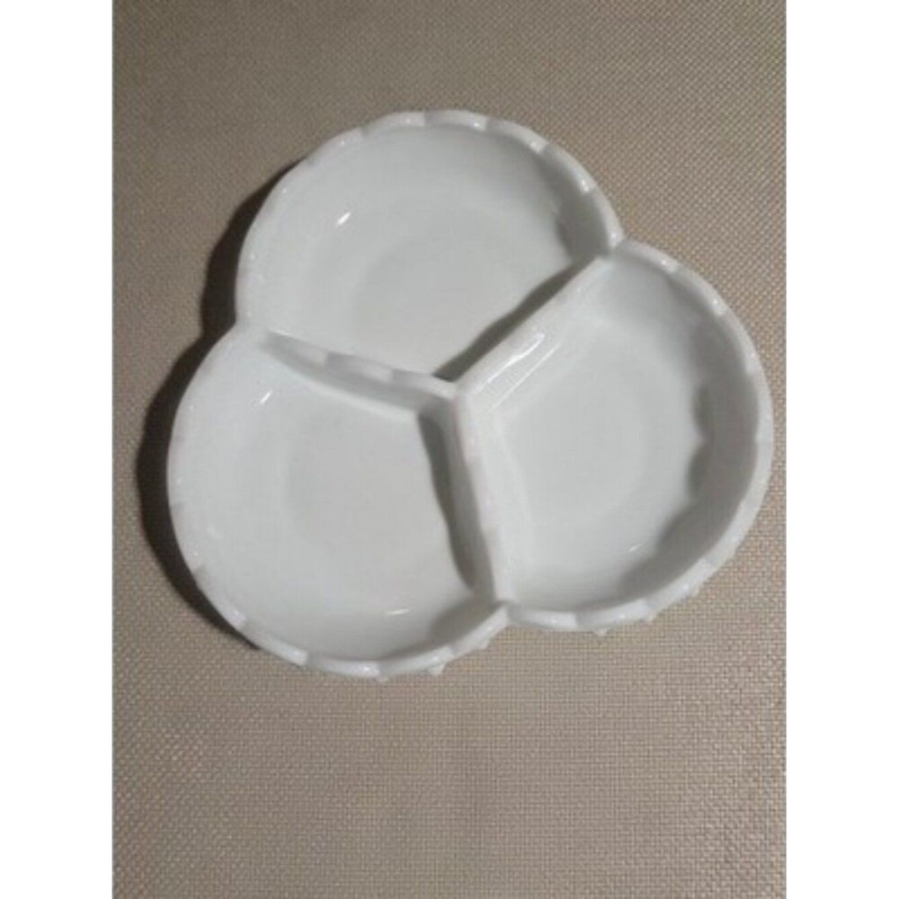 Vintage Fenton White Milk Glass Hobnail 3-Part Relish Dish Scalloped Edge